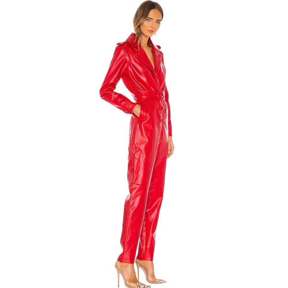 Ronny Kobo Collection Red Faux-Leather Belted Trench Jumpsuit - Picture 3 of 8